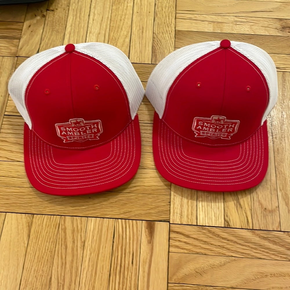 Red and white snap back trucker hat - Smooth Ambler spirits logo